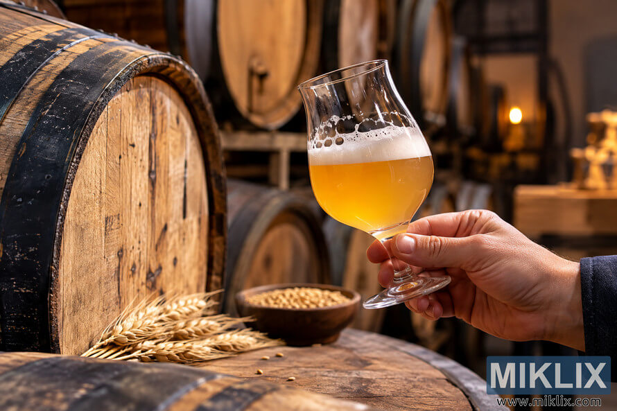 Hand holding a glass of hazy golden wheat beer beside wooden barrels, wheat stalks and grains in a warmly lit rustic cellar. Hand holding a glass of hazy golden wheat beer beside wooden barrels, wheat stalks and grains in a warmly lit rustic cellar.