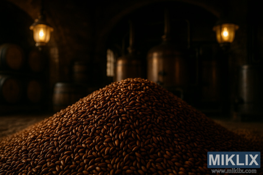 Kup temno jantarnega blagega pivskega slada v slabo osvetljeni zgodovinski pivovarni s hrastovimi sodi in toplimi svetilkami.