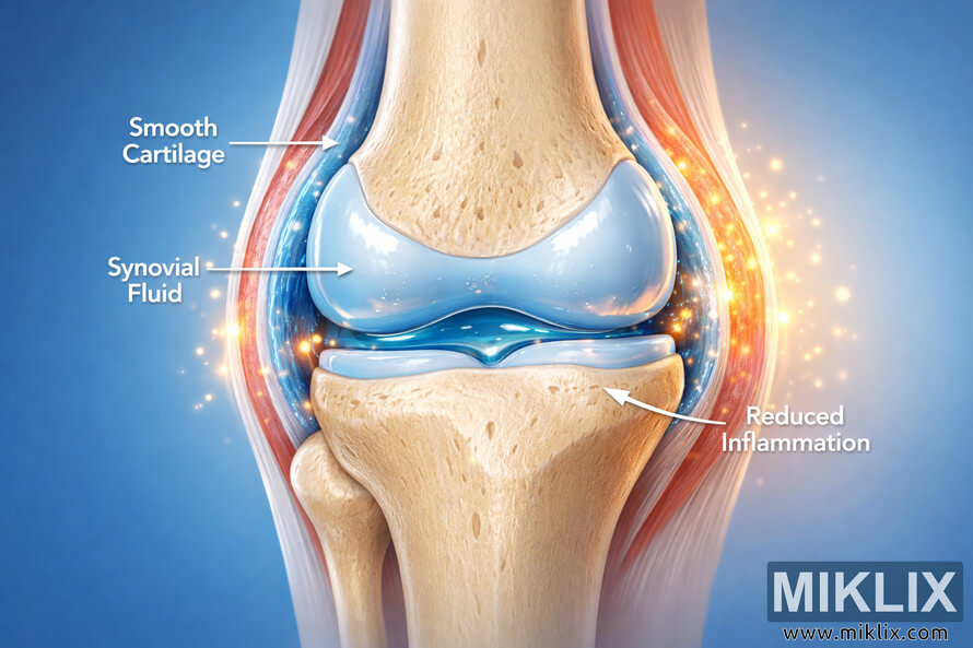 Digital medical illustration showing a healthy knee joint with smooth cartilage, clear synovial fluid, and reduced inflammation highlighted by glowing effects. Digital medical illustration showing a healthy knee joint with smooth cartilage, clear synovial fluid, and reduced inflammation highlighted by glowing effects.