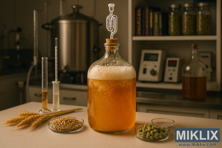 Glass carboy fermenting wheat beer in a cozy lab with brewing ingredients and equipment
