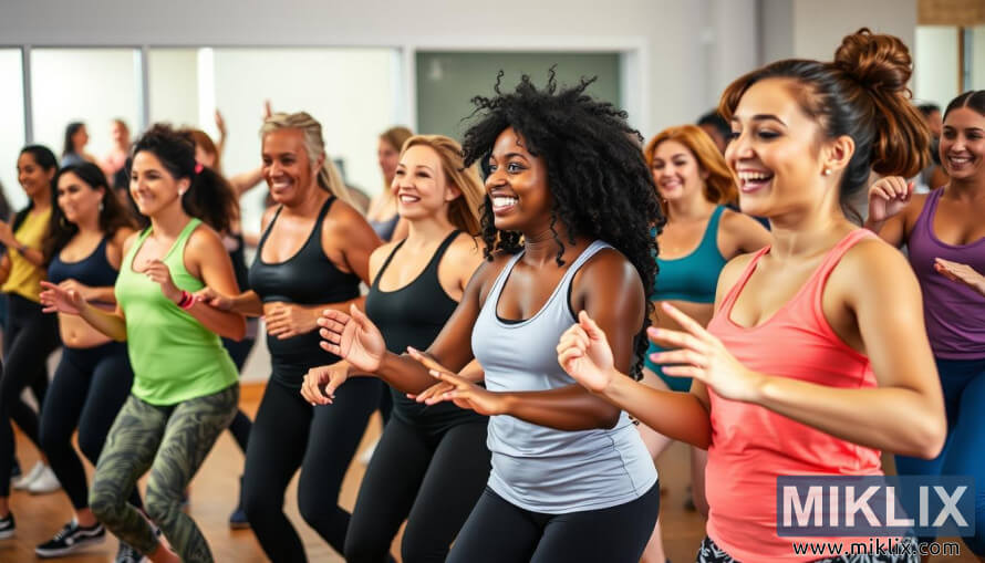 Group of women in colorful outfits smiling and dancing energetically in a bright fitness studio.