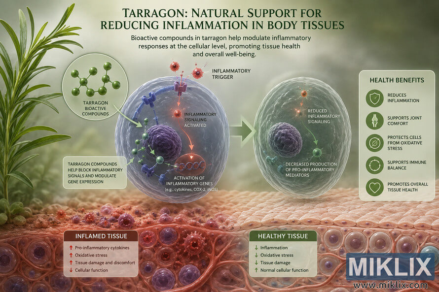 Detailed scientific illustration showing tarragon bioactive compounds interacting with human cells to reduce inflammatory signaling and support healthier body tissues. The image contrasts inflamed tissue with healthier tissue at the cellular level using a landscape infographic design.