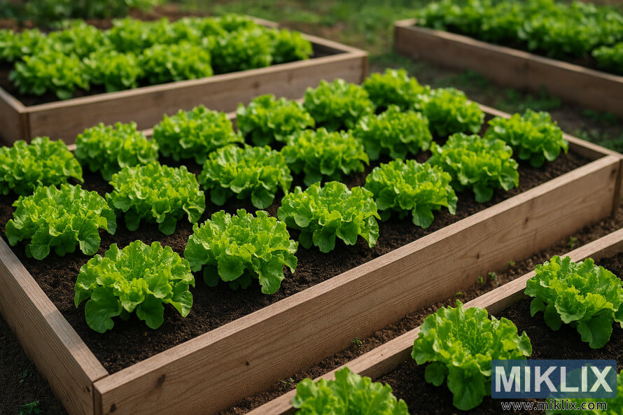 Fresh green lettuce growing in raised wooden garden beds outdoors