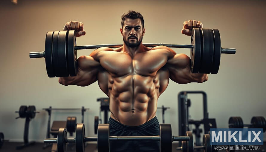 Muscular man in lifting pose surrounded by barbells, dumbbells, and gym equipment under warm lighting.