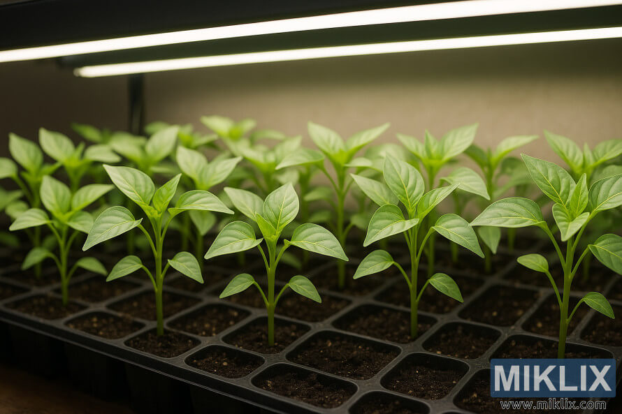 Young bell pepper seedlings growing in seed trays beneath bright grow lights.