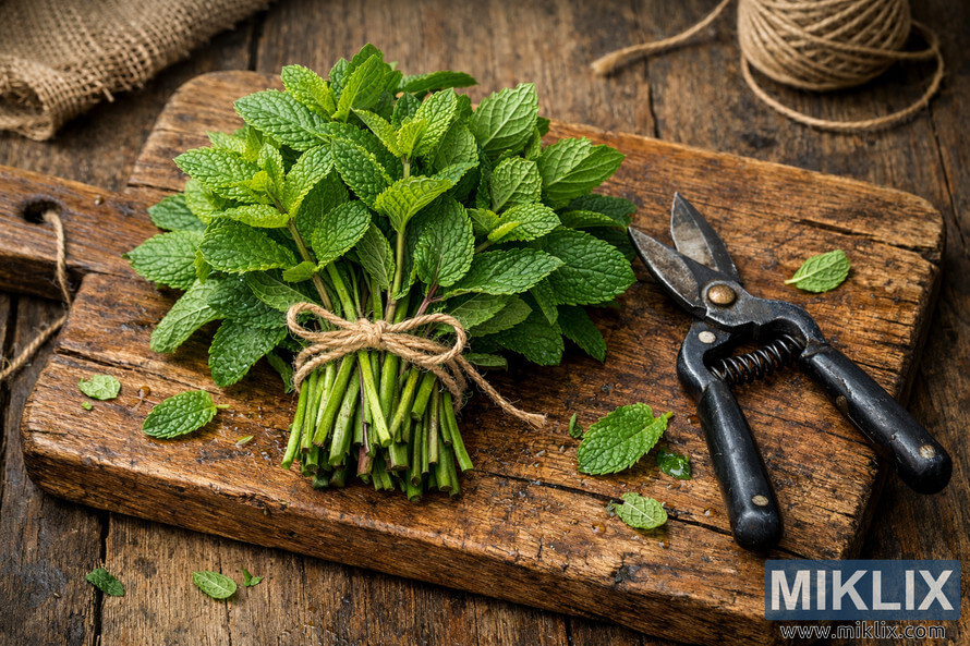 Freshly harvested mint stems tied with twine on a rustic wooden cutting board beside vintage garden shears.