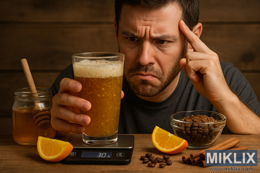 Hjemmebrygger undersøker tåkete øl med tillegg på et rustikk bord og ser bekymret ut. Hjemmebrygger undersøker tåkete øl med tillegg på et rustikk bord og ser bekymret ut.