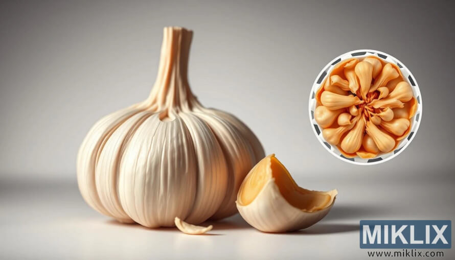 Garlic bulb with glowing cloves and microscopic view of cells showing anti-cancer benefits. Garlic bulb with glowing cloves and microscopic view of cells showing anti-cancer benefits.