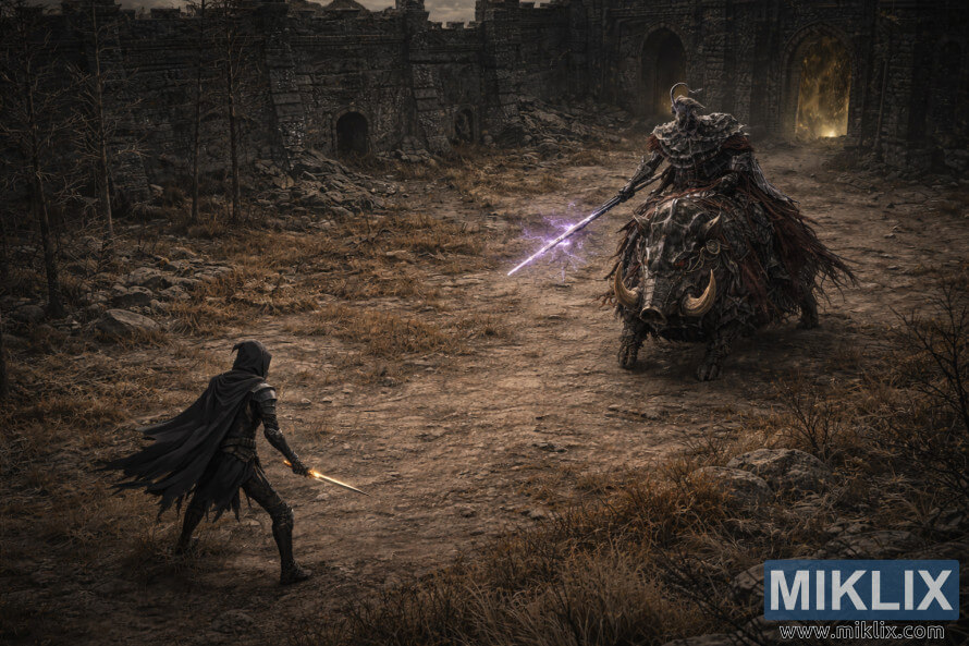 Elevated isometric view of the Tarnished in Black Knife armor facing Commander Gaius mounted on an armored boar within the ruins of Scaduview before battle.