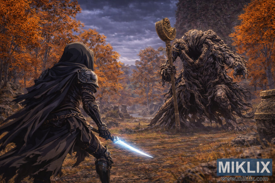 Fan art of Black Knife armor-clad player confronting Erdtree Avatar in South-West Liurnia, Elden Ring