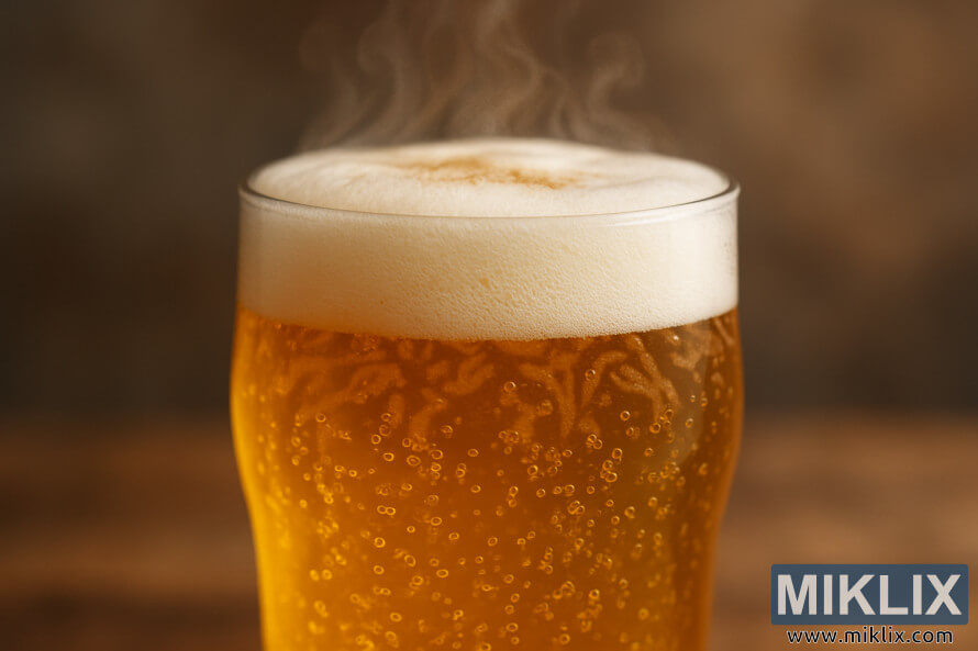 Close-up of a golden Munich lager in a pint glass with creamy foam and rising bubbles. Close-up of a golden Munich lager in a pint glass with creamy foam and rising bubbles.