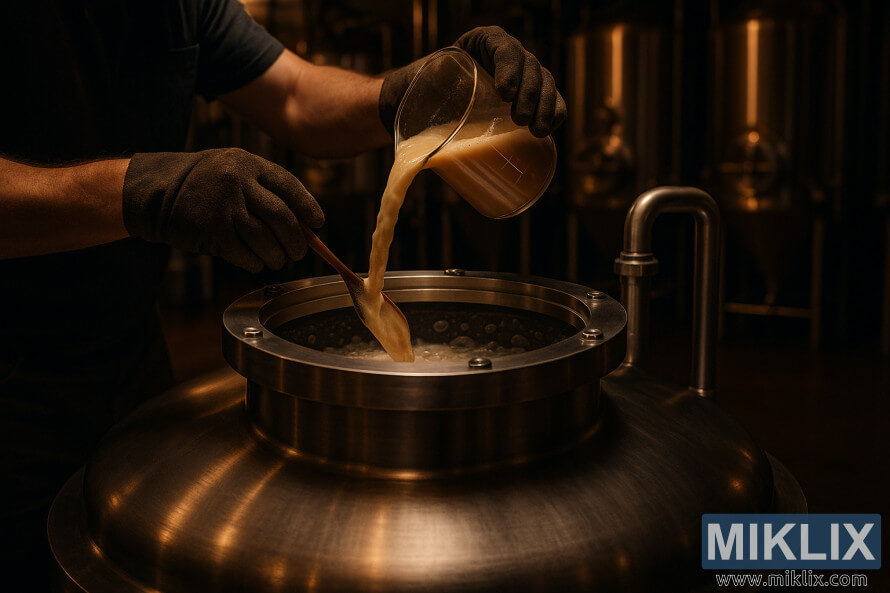 Brewer yana zuba yisti mai tsami a cikin wani jirgin ruwa mai haki a cikin gidan girkin bakin karfe mai haske.