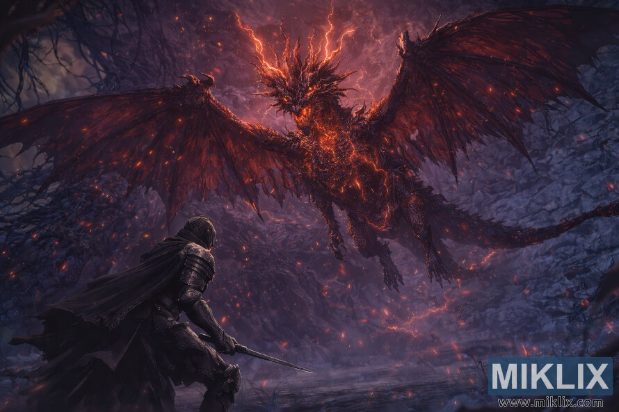 Anime stÃ­lusÃº rajongÃ³i grafika, amelyen a Fekete KÃ©s pÃ¡ncÃ©lzatÃº Tarnished a levegÅben szÃ¡llÃ³ Lichdragon Fortissaxszal nÃ©z szembe bÃ­bor villÃ¡mok kÃ¶zepette a MÃ©lygyÃ¶kÃ©r MÃ©lysÃ©geiben.