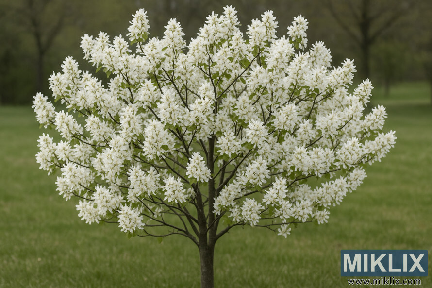Un arbre de gra de Saskatoon cobert de flors blanques sobre una gespa verda a la primavera.