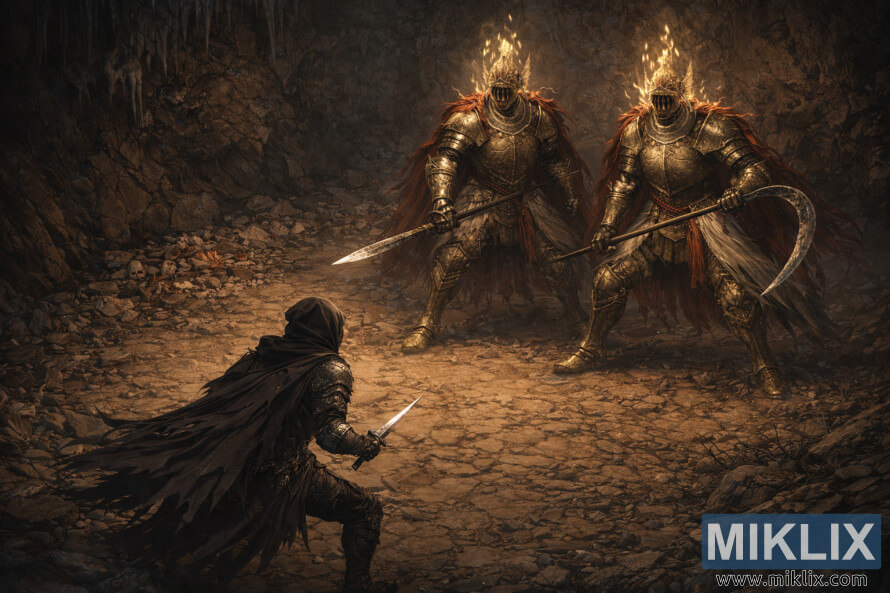 Realistic fantasy fan art of the Tarnished seen from behind confronting two identical Cleanrot Knights with spear and sickle inside Elden Ring’s Abandoned Cave.