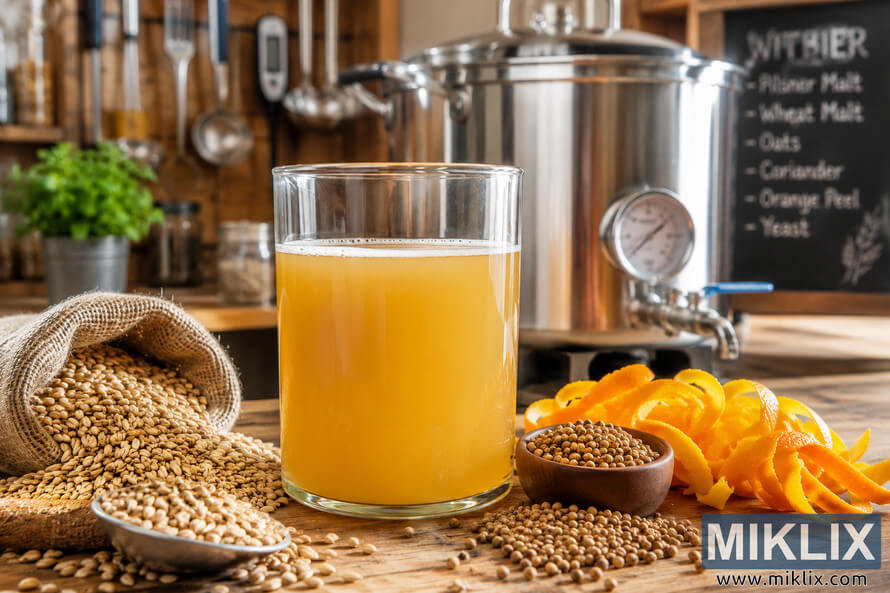 A clear glass vessel of hazy golden witbier wort surrounded by malt grains, coriander seeds, orange peel, and brewing tools in a warm artisanal brewing workspace.