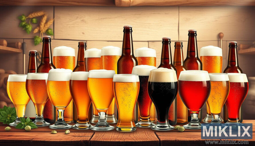 Razne pivske ÄaÅ¡e i boce na drvenom stolu koje pokazuju stilsku kompatibilnost.