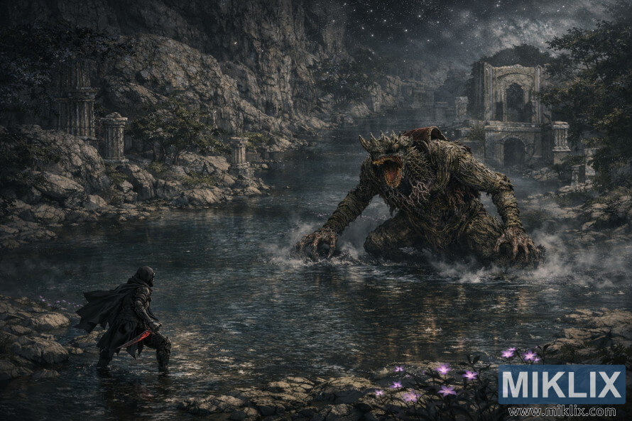 ÃsÃ³metrÃ­sk dÃ¶kk fantasÃ­usÃ½n af Tarnished in Black Knife brynjunni frammi fyrir Dragonkin-hermanninum hinum megin viÃ° Siofra-Ã¡na, meÃ°al forna rÃºsta og glÃ³andi blÃ³ma.