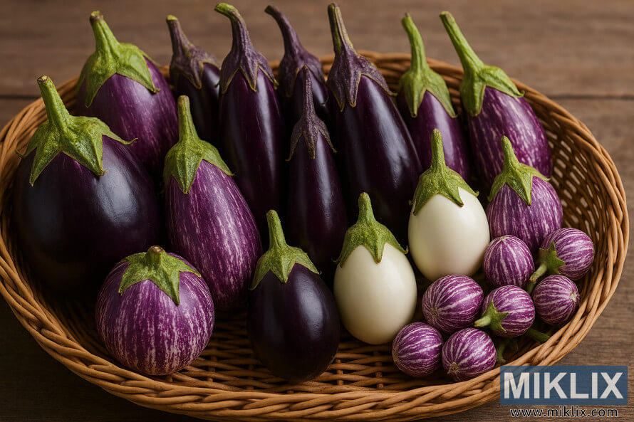 Kwandon Æauye cike da sabbin Æwai na eggplants masu siffofi, girma, da launuka daban-daban.