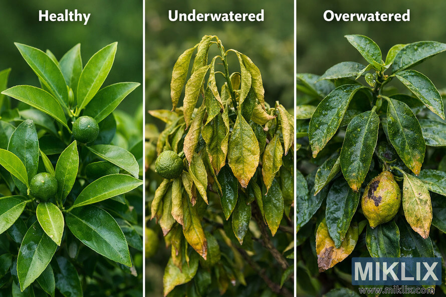 Side-by-side comparison of citrus foliage showing healthy leaves, underwatered wilted leaves, and overwatered leaves with yellowing and fruit damage.