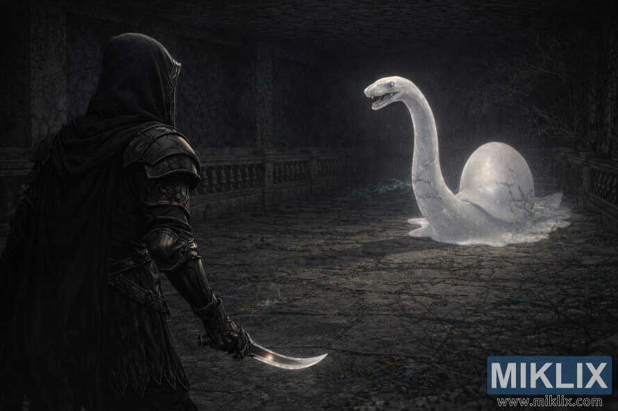 Elden Ring oyunundaki Kara BÄ±Ã§ak zÄ±rhÄ± giymiÅ oyuncunun Road's End YeraltÄ± MezarlarÄ±'nda Ruh ÃaÄÄ±ran Salyangoz ile savaÅmasÄ±nÄ± gÃ¶steren hayran Ã§izimi.