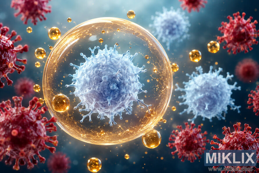3D medical illustration of immune system cells surrounded by glowing antioxidant particles and protected by a transparent golden energy shield while red virus-like particles float in a soft blue microscopic background. 3D medical illustration of immune system cells surrounded by glowing antioxidant particles and protected by a transparent golden energy shield while red virus-like particles float in a soft blue microscopic background.