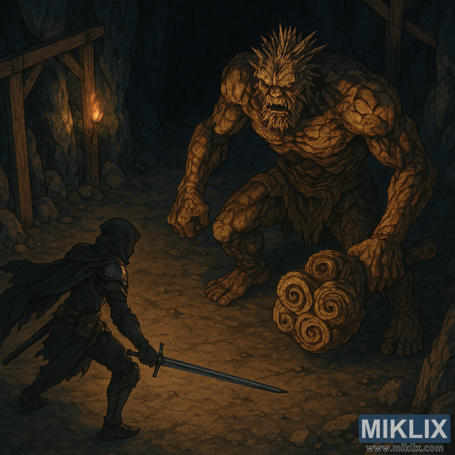 Izometryczna ilustracja fantasy przedstawiajÄ
ca Zniszczonego z prostym mieczem walczÄ
cego z potÄżnym Trollem Kamiennym w ciemnym podziemnym tunelu. Izometryczna ilustracja fantasy przedstawiajÄ
ca Zniszczonego z prostym mieczem walczÄ
cego z potÄżnym Trollem Kamiennym w ciemnym podziemnym tunelu.