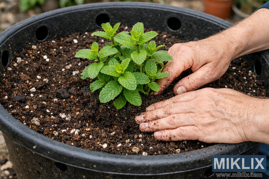 Hands planting a young mint plant in a large container filled with potting soil and drainage holes.