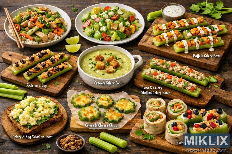 Landscape food photo of a rustic wooden table covered with creative celery dishes, including celery and chicken stir-fry, celery and avocado salad, buffalo-style celery bites, creamy celery soup, ants on a log, tuna and celery stuffed celery boats, celery and hummus wrap pinwheels, celery egg salad on toast, baked celery and cheese chips, and celery sticks filled with yogurt, berries, granola, and honey, surrounded by extra celery sticks, lime wedges, and mixed nuts.
