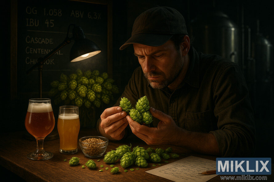 SlÃ¡dok skÃºma Å¾iarivo zelenÃ½ chmeÄ¾ pod mÃ¤kkÃ½m svetlom v pivovare.