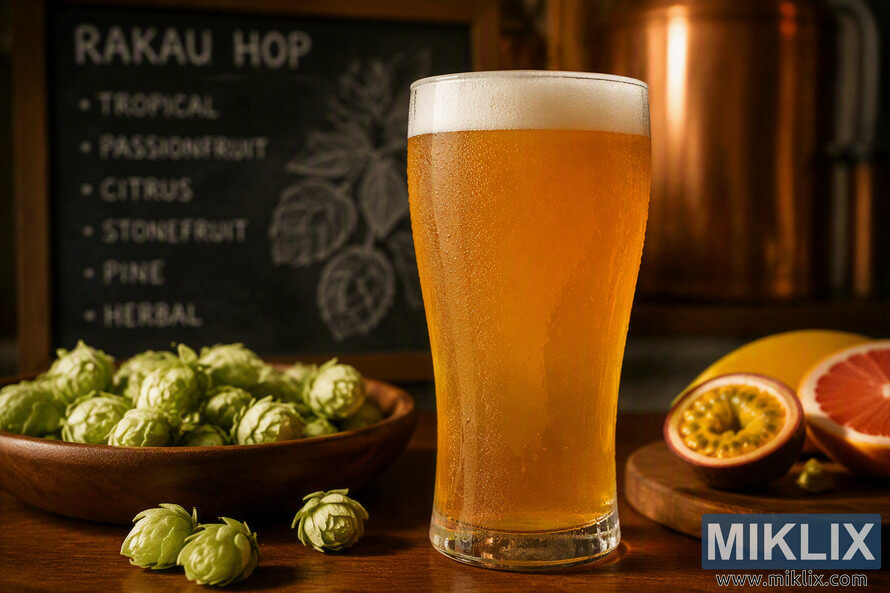 A clear glass of pale ale with a creamy white foam head stands on a wooden table in a warm brewery environment. Fresh green hop cones fill a wooden bowl in the foreground, while sliced tropical citrus fruits rest on a wooden board. A dark chalkboard in the background references Rakau hop flavor characteristics such as tropical fruit, passionfruit, citrus, stone fruit, pine, and herbal notes.