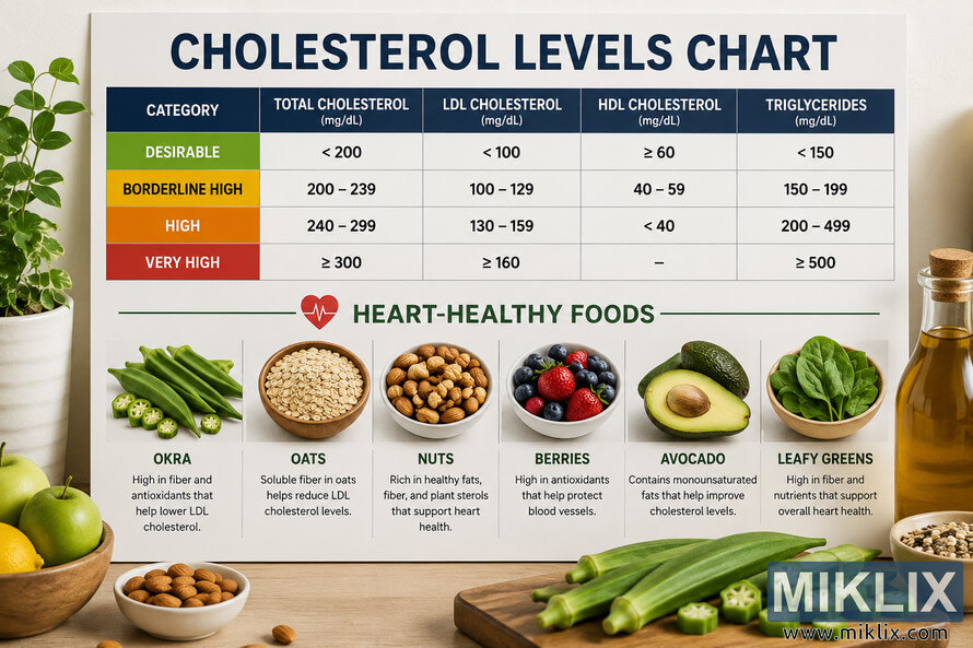A landscape infographic showing cholesterol level ranges alongside heart-healthy foods such as okra, oats, nuts, berries, avocado, and leafy greens. A landscape infographic showing cholesterol level ranges alongside heart-healthy foods such as okra, oats, nuts, berries, avocado, and leafy greens.