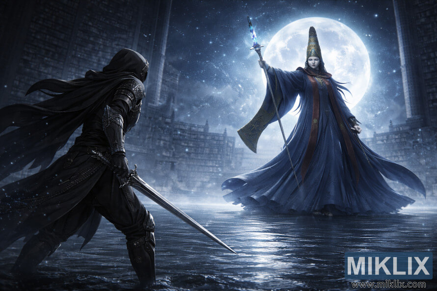 Illustration de fantasy sombre montrant le Sans-Ã©clat de dos avec une Ã©pÃ©e, face Ã  une imposante Rennala, Reine de la Pleine Lune, dans la bibliothÃ¨que baignÃ©e de lune de lâAcadÃ©mie Raya Lucaria.