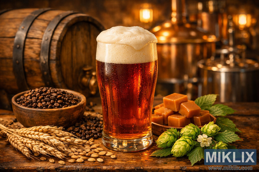 Amber Hella Bock beer with thick white foam, surrounded by roasted malts, caramel pieces, hops, and brewing barrels in a warmly lit brewery.