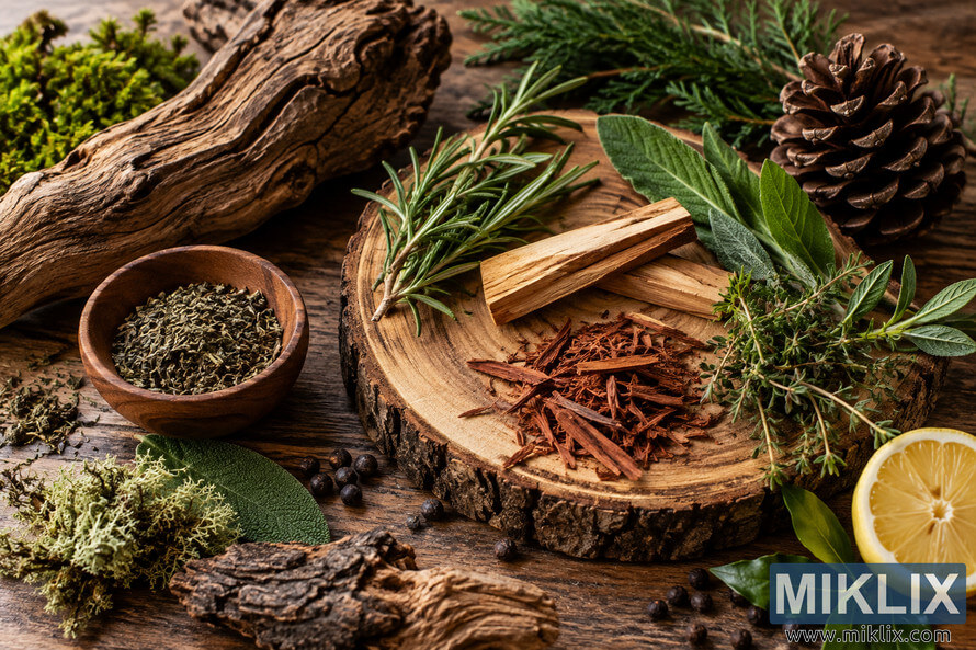 Rustic still life illustrating woody and herbal flavor descriptors with a tree-trunk slice, bark, rosemary, sage, thyme, dried herbs, evergreen branches, pine cone, moss, lichen, dark seeds, weathered wood, and fresh lemon arranged on a wooden table.