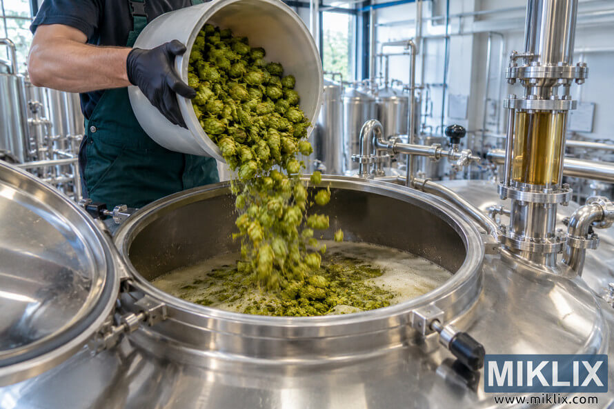Brewery worker wearing black protective gloves pours fresh green hops into an open stainless-steel fermentation vessel during the biotransformation dry hopping process in a modern brewery. Brewery worker wearing black protective gloves pours fresh green hops into an open stainless-steel fermentation vessel during the biotransformation dry hopping process in a modern brewery.