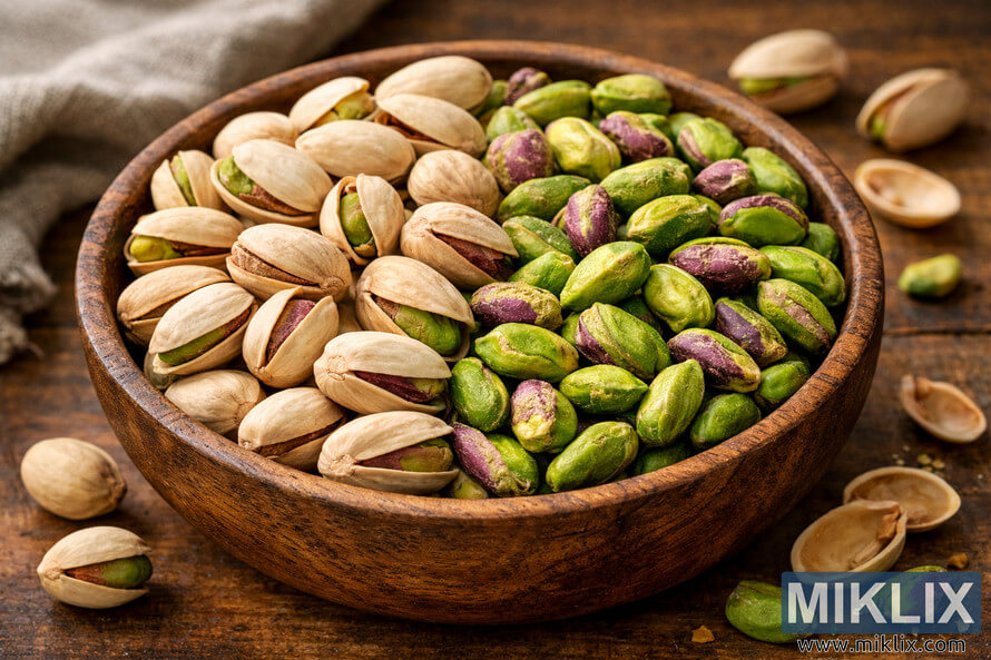 A high-resolution landscape photograph of a rustic wooden bowl filled with fresh pistachio nuts, showing both shelled and unshelled varieties on a wooden surface.