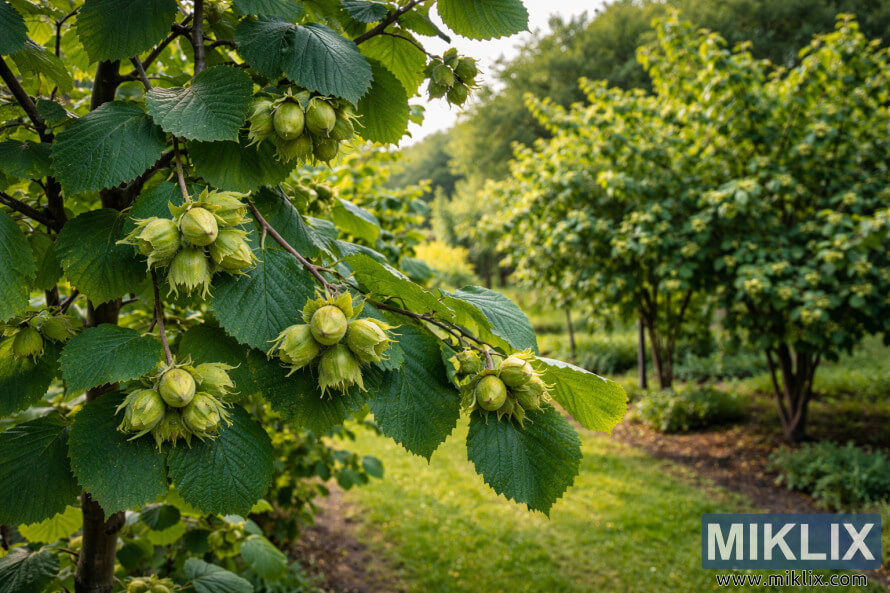 Ãrvores de avelÃ£ adultas em um jardim residencial, com folhas verdes e cachos de avelÃ£s em desenvolvimento pendurados nos galhos.