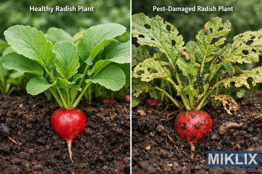 Side-by-side comparison of a healthy radish plant with green leaves and a pest-damaged radish plant with holes in the leaves and visible insects.