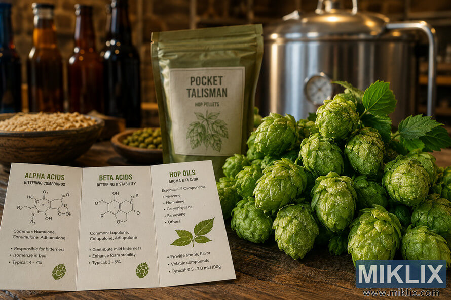 Close-up landscape image of vibrant green Pocket Talisman hop cones covered in resin beside a tri-fold diagram explaining alpha acids, beta acids, and hop oils on a wooden brewing table, with brewing equipment and softly blurred beer bottles in the background. Close-up landscape image of vibrant green Pocket Talisman hop cones covered in resin beside a tri-fold diagram explaining alpha acids, beta acids, and hop oils on a wooden brewing table, with brewing equipment and softly blurred beer bottles in the background.