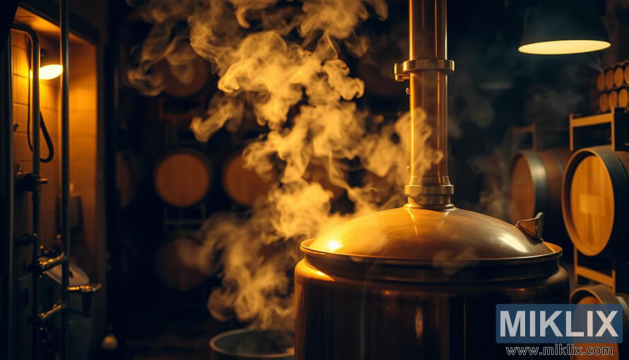 Ceainic de cupru care fierbea la abur într-o berÄrie slab luminatÄ, cu butoaie de stejar în fundal. Ceainic de cupru care fierbea la abur într-o berÄrie slab luminatÄ, cu butoaie de stejar în fundal.