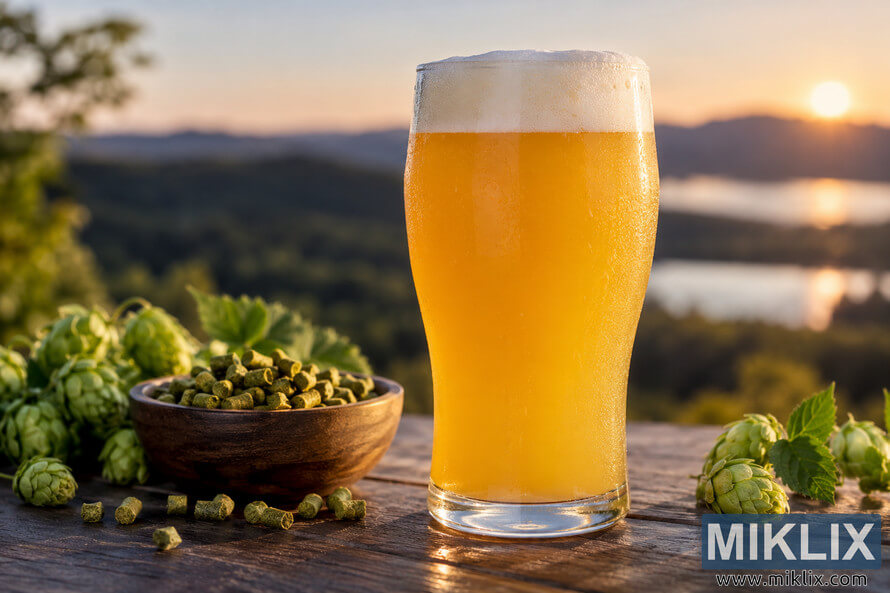 Freshly poured golden hazy IPA with a foamy head and condensation on the glass, surrounded by fresh hop cones and hop pellets on a rustic wooden table at sunset.