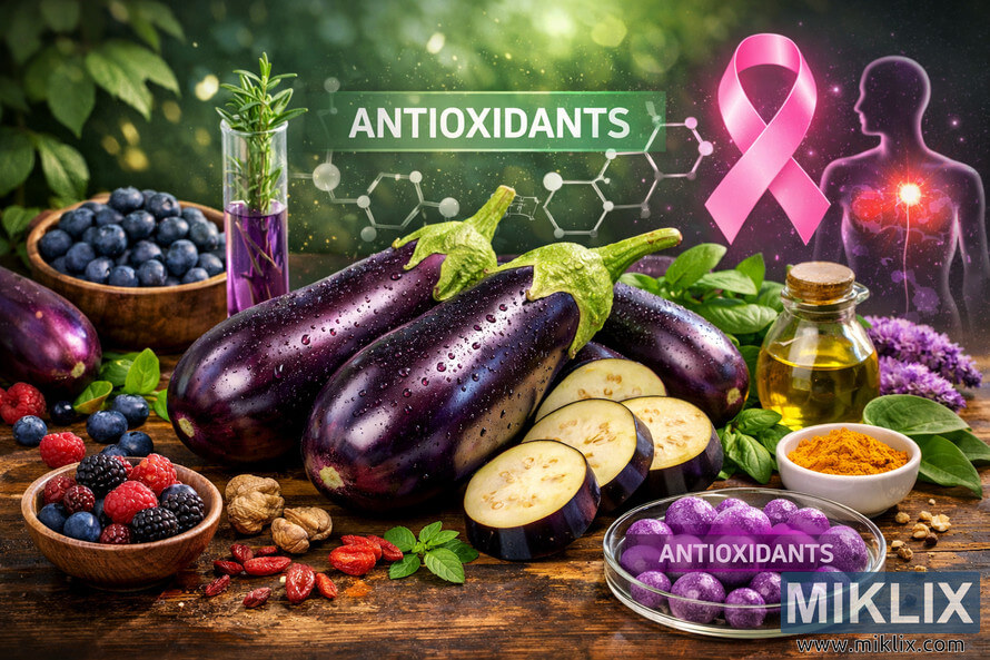 Antioxidant-rich eggplants surrounded by berries, turmeric, olive oil, and health symbols illustrating cancer prevention benefits. Antioxidant-rich eggplants surrounded by berries, turmeric, olive oil, and health symbols illustrating cancer prevention benefits.