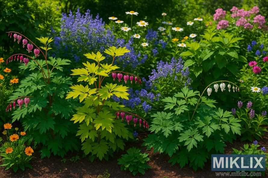 Un jardin de cottage vibrant en Ã©tÃ© mettant en vedette des cÅurs saignants roses, blancs et dorÃ©s, entourÃ©s de marguerites, de menthe Ã  chat et de phlox sous un soleil Ã©clatant.