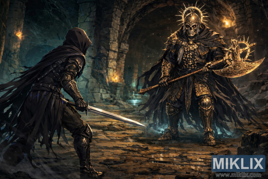 Anime style fan art of the Tarnished with a sword facing a skull-faced Death Knight wielding a golden axe in a dark Elden Ring catacomb moments before battle.