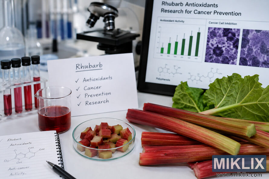 Scientific laboratory scene featuring fresh rhubarb stalks, antioxidant research materials, test tubes, microscope, and a presentation display focused on cancer prevention studies. Scientific laboratory scene featuring fresh rhubarb stalks, antioxidant research materials, test tubes, microscope, and a presentation display focused on cancer prevention studies.