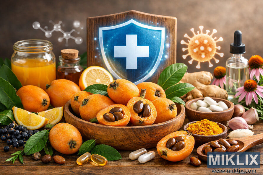 Landscape photo of ripe loquat fruits in a wooden bowl surrounded by turmeric, garlic, lemon, ginger, echinacea, elderberries, capsules, pills, and a glowing blue shield emblem symbolizing immune health on a rustic wooden table. Landscape photo of ripe loquat fruits in a wooden bowl surrounded by turmeric, garlic, lemon, ginger, echinacea, elderberries, capsules, pills, and a glowing blue shield emblem symbolizing immune health on a rustic wooden table.