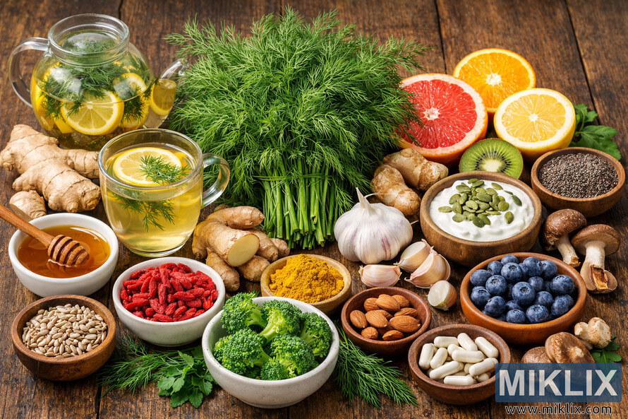 High-resolution landscape photo of assorted immune-supporting foods arranged on a rustic wooden table, featuring a large bunch of fresh dill in the center surrounded by citrus fruits, ginger, garlic, turmeric, yogurt with seeds, berries, nuts, broccoli, mushrooms, chia seeds, sunflower seeds, goji berries, and herbal tea in glassware. High-resolution landscape photo of assorted immune-supporting foods arranged on a rustic wooden table, featuring a large bunch of fresh dill in the center surrounded by citrus fruits, ginger, garlic, turmeric, yogurt with seeds, berries, nuts, broccoli, mushrooms, chia seeds, sunflower seeds, goji berries, and herbal tea in glassware.
