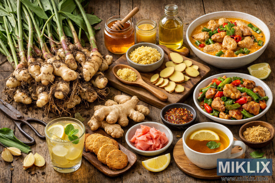 Vers geoogste gemberwortels en -planten staan uitgestald op een rustieke houten tafel, samen met plakjes gember, potjes honing en olie, gemberthee en hartige gerechten met gember. Vers geoogste gemberwortels en -planten staan uitgestald op een rustieke houten tafel, samen met plakjes gember, potjes honing en olie, gemberthee en hartige gerechten met gember.