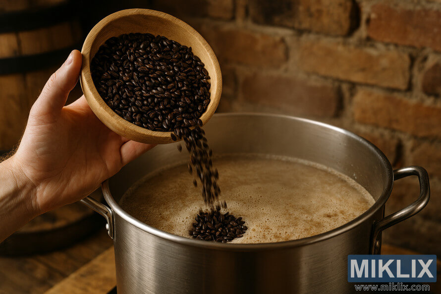 Ana zuba malt Éin Carafa malt Éin da aka toshe a cikin tukunyar dusar ÆanÆara ta bakin karfe a cikin saitin girkin gida. Ana zuba malt Éin Carafa malt Éin da aka toshe a cikin tukunyar dusar ÆanÆara ta bakin karfe a cikin saitin girkin gida.